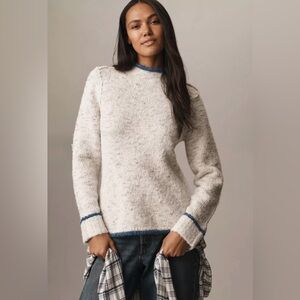 🧶 Pilcro Anthropologie Sweater XL Oatmeal Boucle Knit Teal Trim Mock Neck Flare